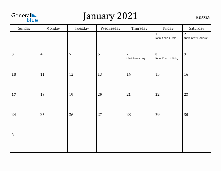 January 2021 Calendar Russia