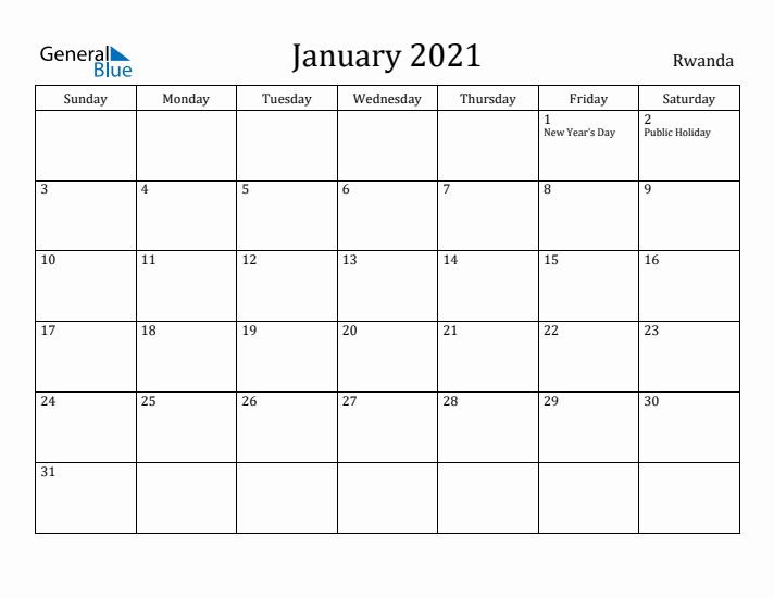 January 2021 Calendar Rwanda