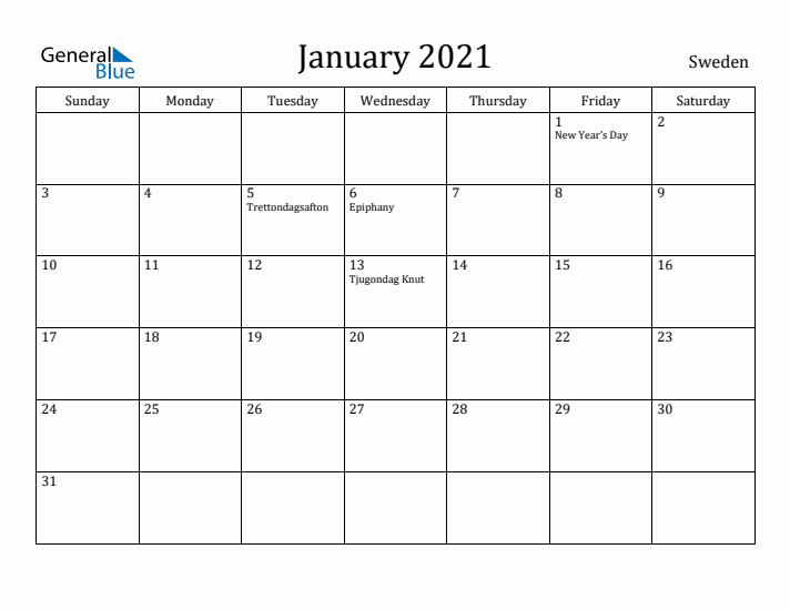 January 2021 Calendar Sweden