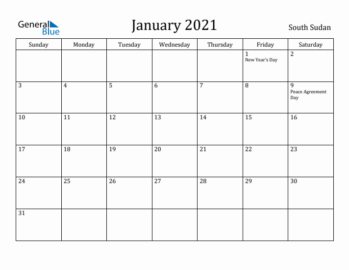 January 2021 Calendar South Sudan