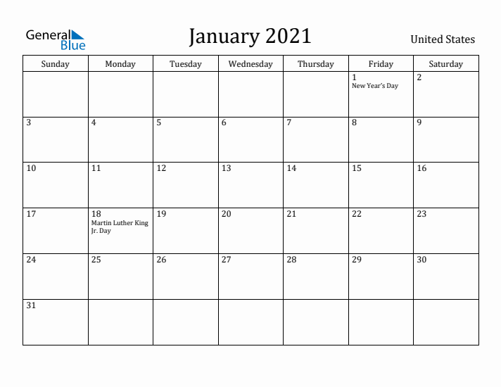 January 2021 Calendar United States