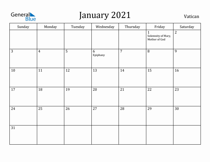 January 2021 Calendar Vatican