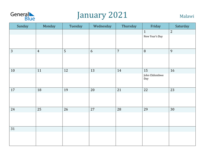 January 2021 Calendar with Holidays in PDF, Word, and Excel