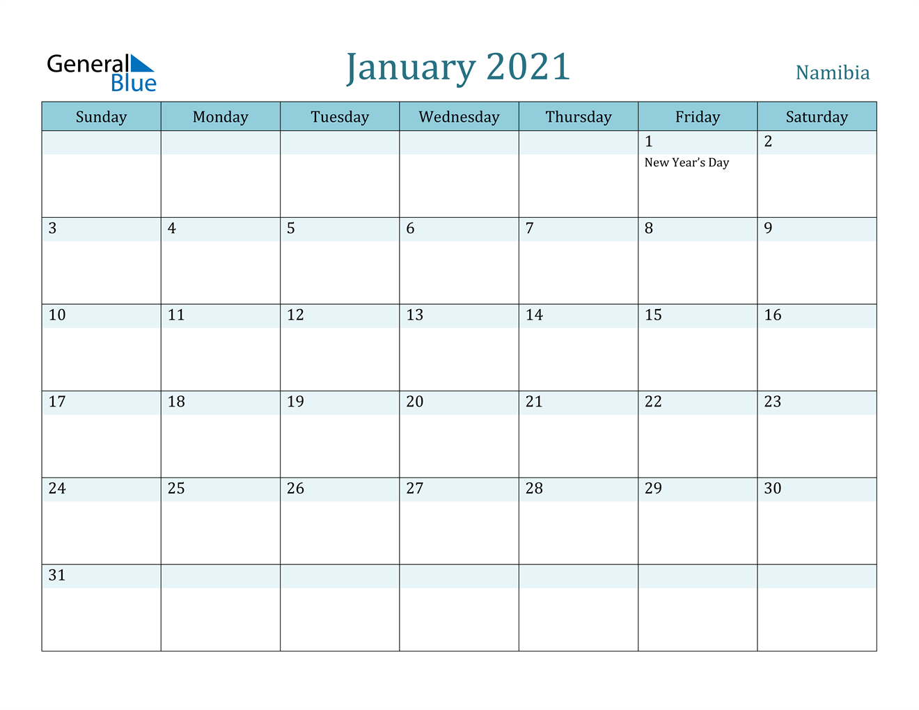 January 2021 Calendar Namibia