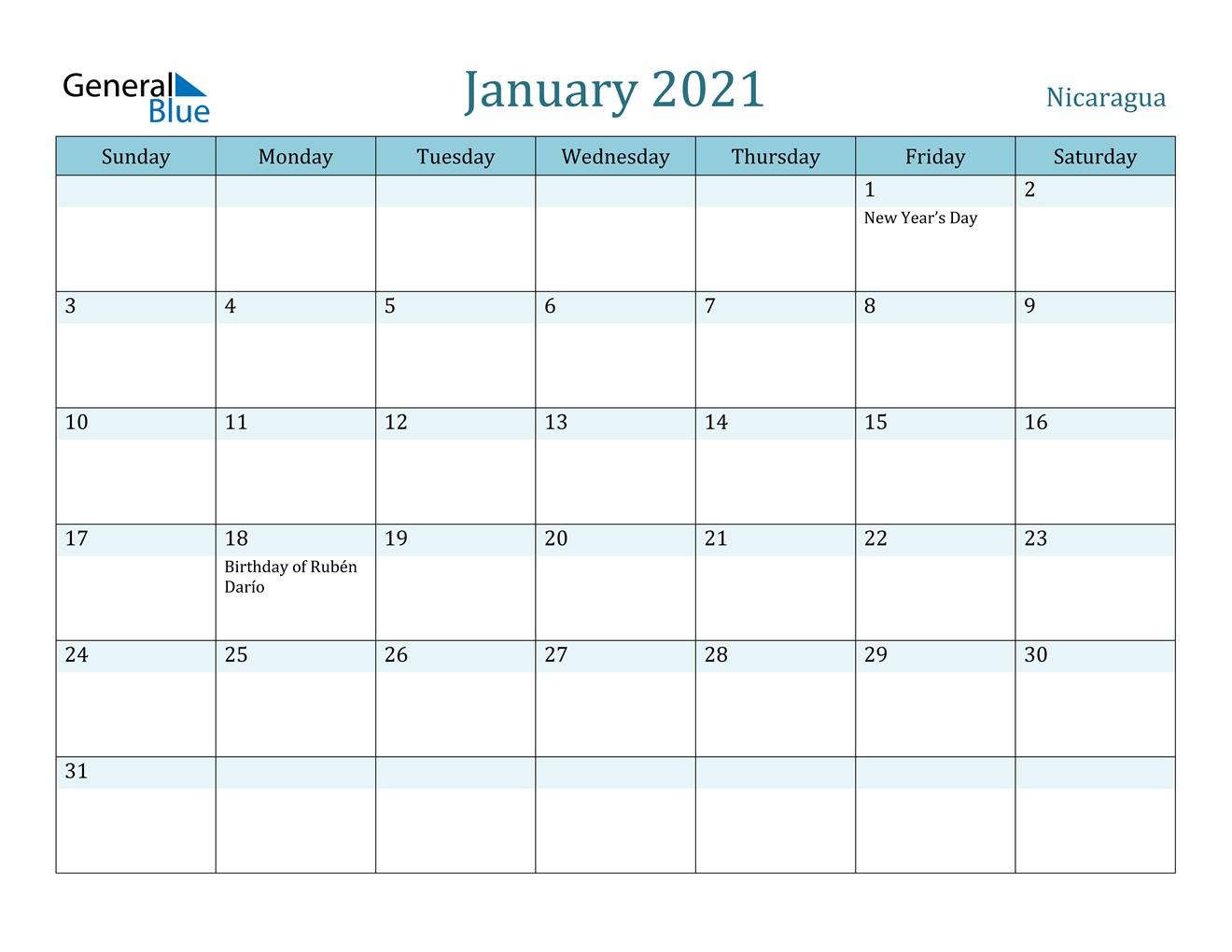 January 2021 Calendar - Nicaragua