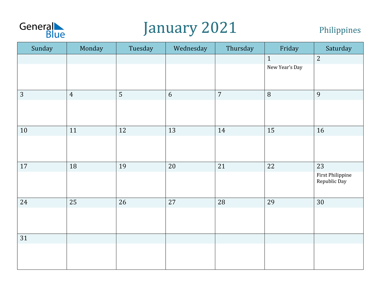 January 2021 Calendar - Philippines