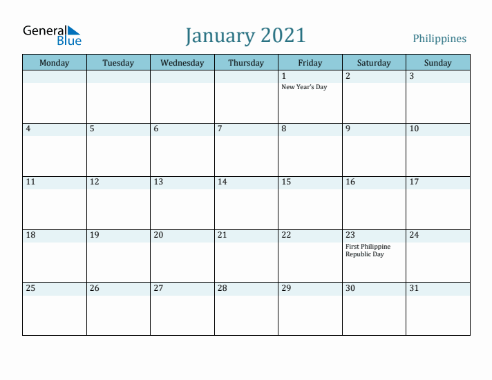 January 2021 Calendar with Holidays