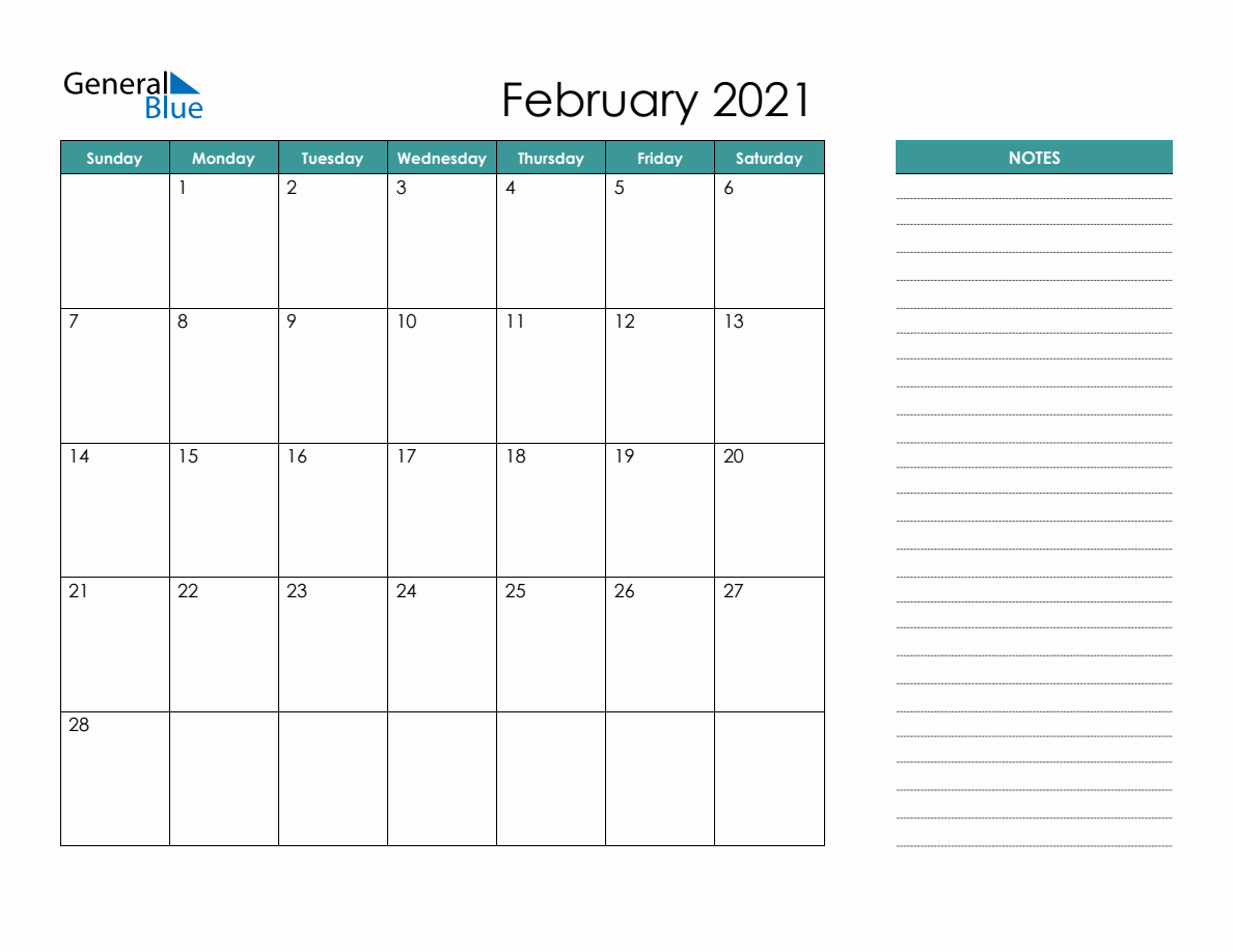 February 2021 Calendar Planner with Notes