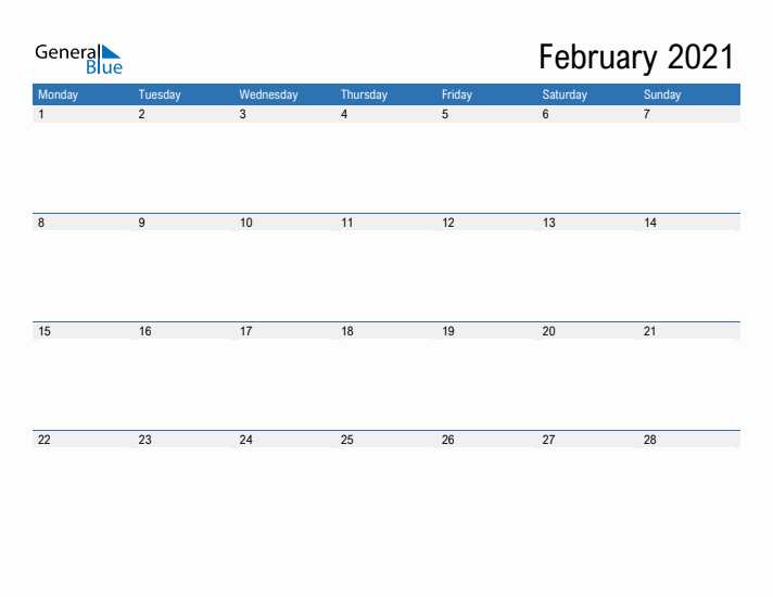 Fillable Calendar for February 2021