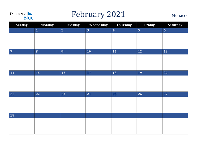 February 2021 Monaco Calendar