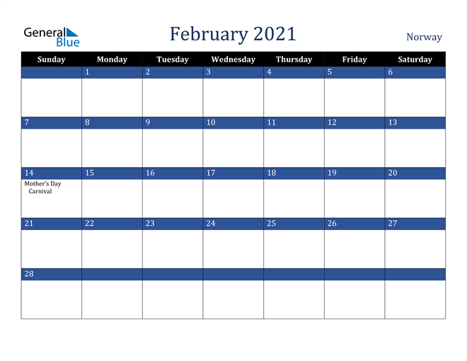 February 2021 Norway Calendar
