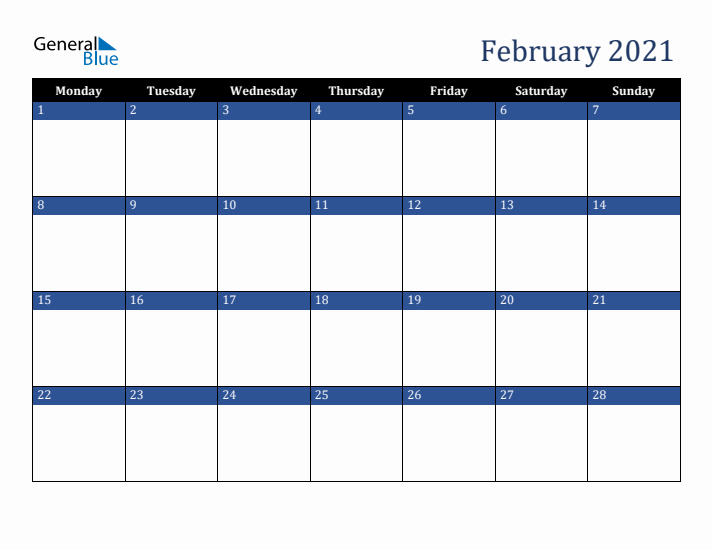 Monday Start Calendar for February 2021