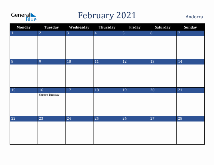 February 2021 Andorra Calendar (Monday Start)