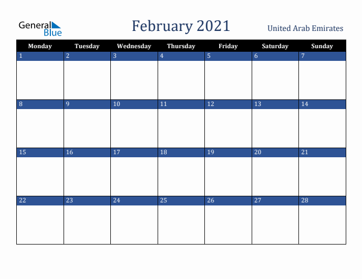February 2021 United Arab Emirates Calendar (Monday Start)