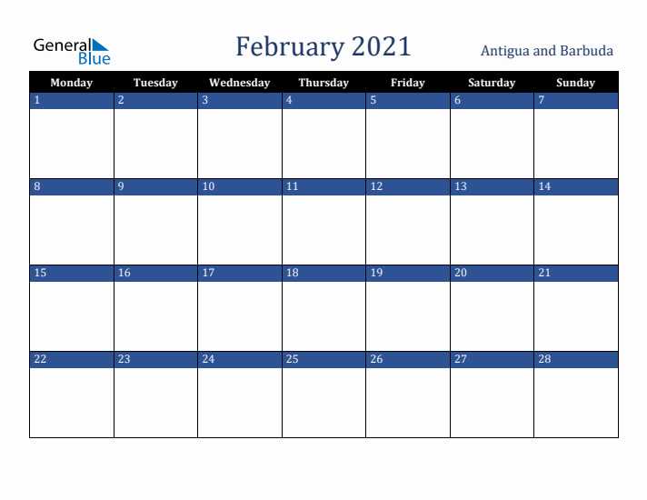 February 2021 Antigua and Barbuda Calendar (Monday Start)