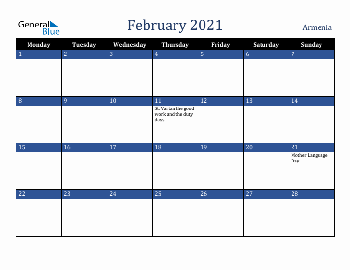 February 2021 Armenia Calendar (Monday Start)