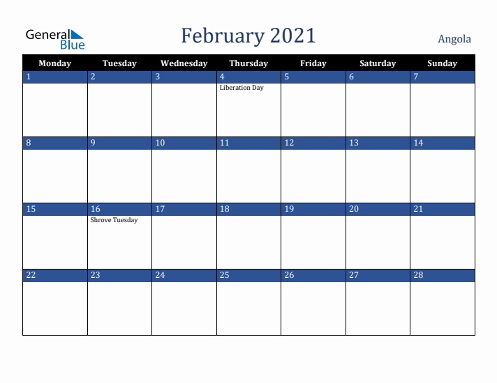 February 2021 Angola Calendar (Monday Start)