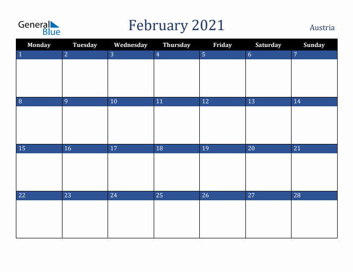 February 2021 Austria Calendar (Monday Start)