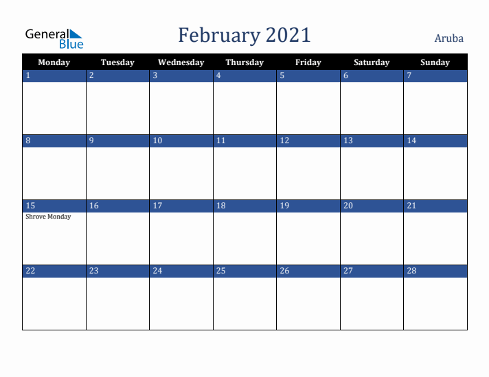 February 2021 Aruba Calendar (Monday Start)