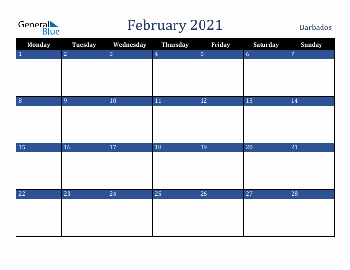 February 2021 Barbados Calendar (Monday Start)