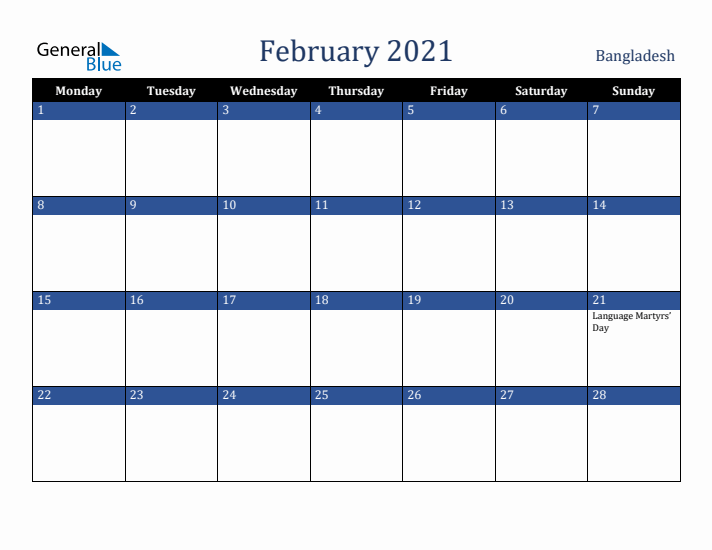 February 2021 Bangladesh Calendar (Monday Start)
