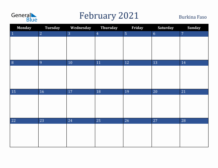 February 2021 Burkina Faso Calendar (Monday Start)