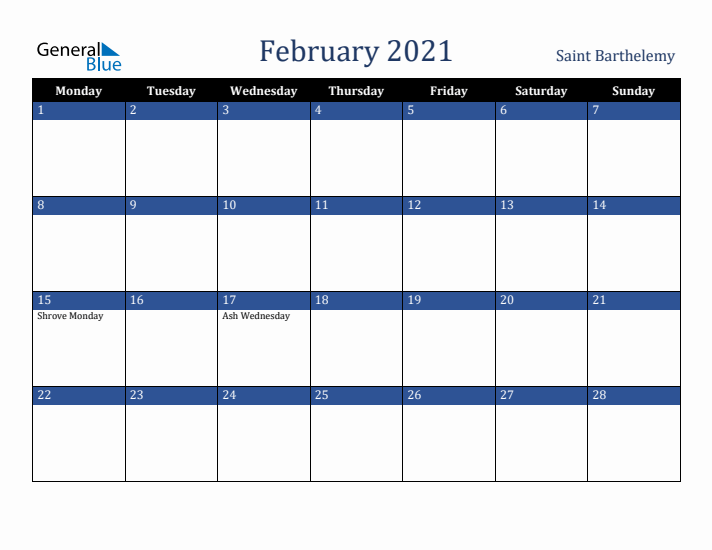 February 2021 Saint Barthelemy Calendar (Monday Start)