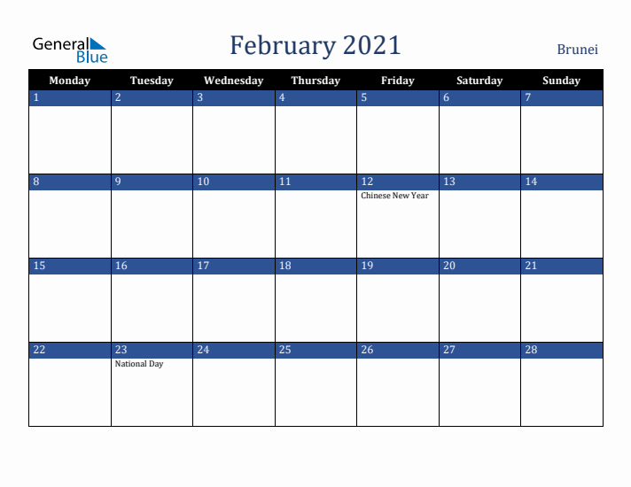 February 2021 Brunei Calendar (Monday Start)