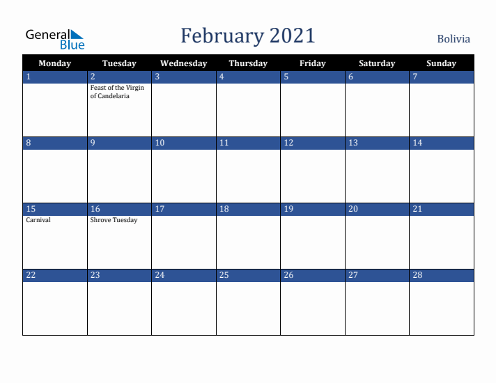 February 2021 Bolivia Calendar (Monday Start)