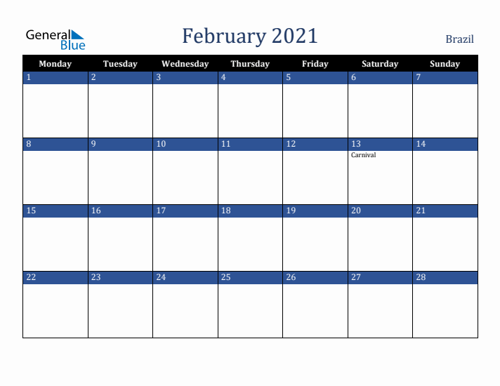 February 2021 Brazil Calendar (Monday Start)