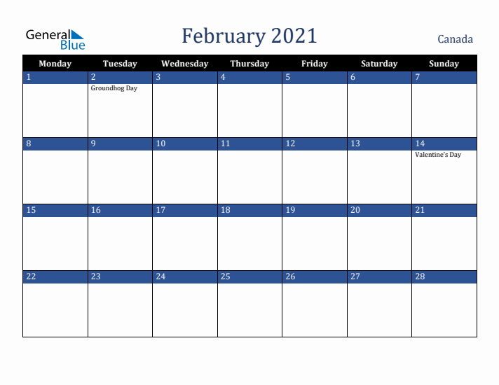 February 2021 Canada Calendar (Monday Start)