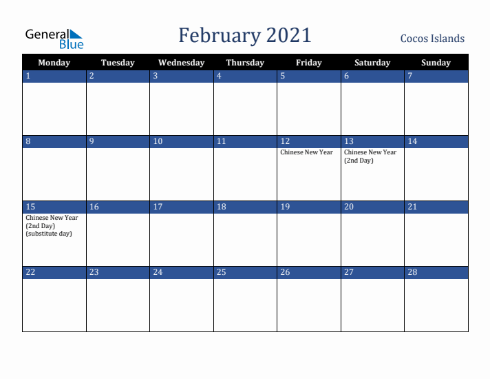 February 2021 Cocos Islands Calendar (Monday Start)