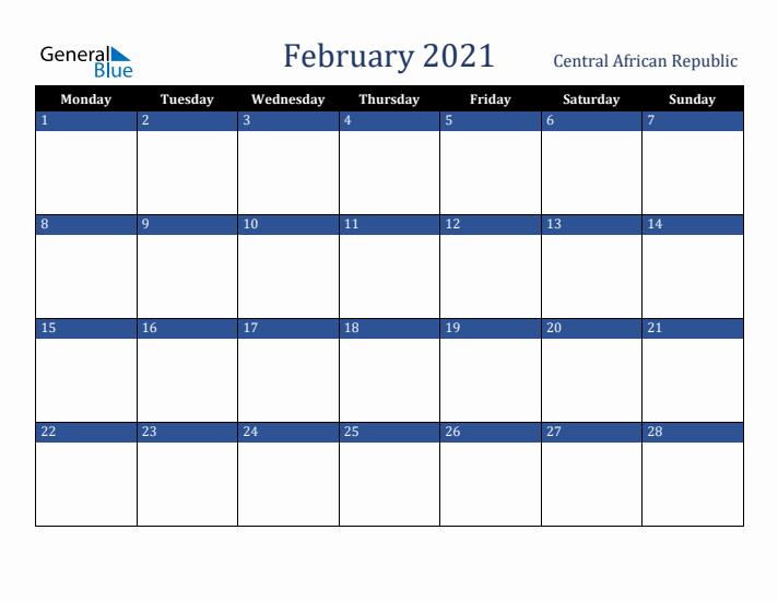 February 2021 Central African Republic Calendar (Monday Start)