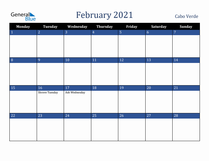 February 2021 Cabo Verde Calendar (Monday Start)