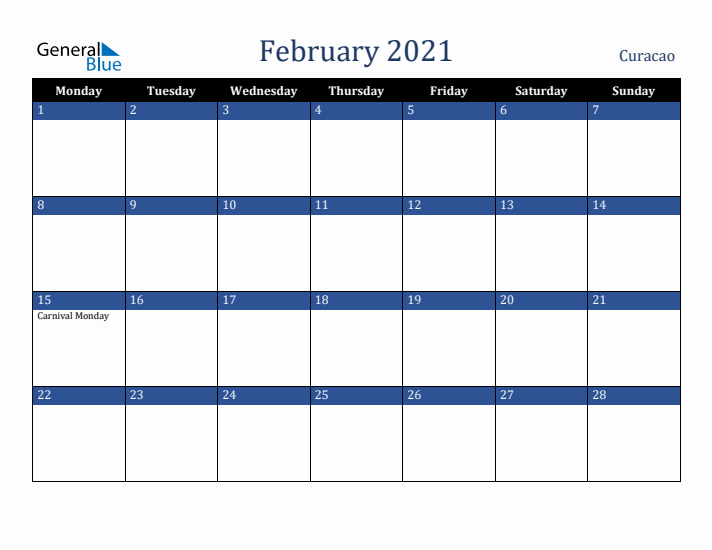 February 2021 Curacao Calendar (Monday Start)