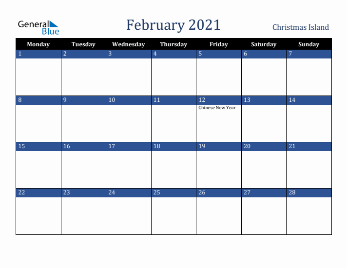 February 2021 Christmas Island Calendar (Monday Start)