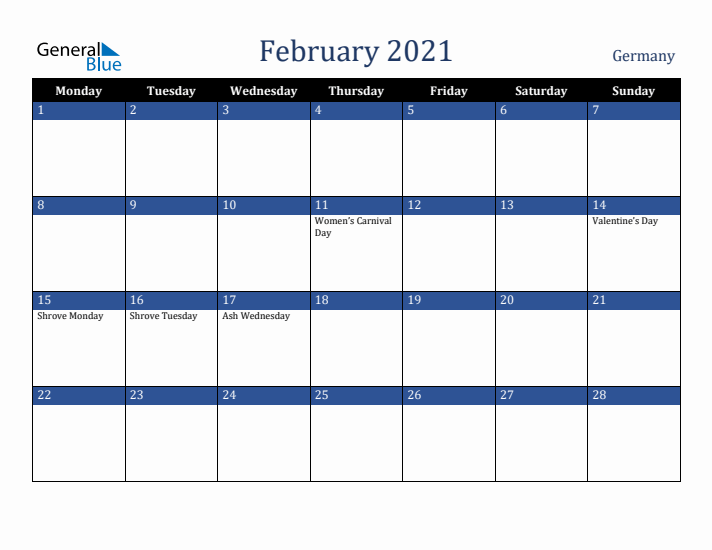 February 2021 Germany Calendar (Monday Start)