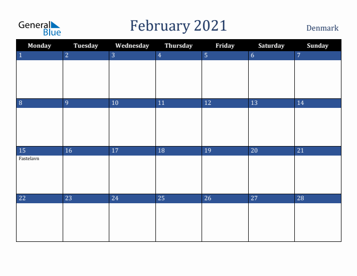 February 2021 Denmark Calendar (Monday Start)