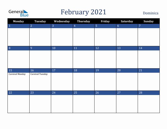 February 2021 Dominica Calendar (Monday Start)