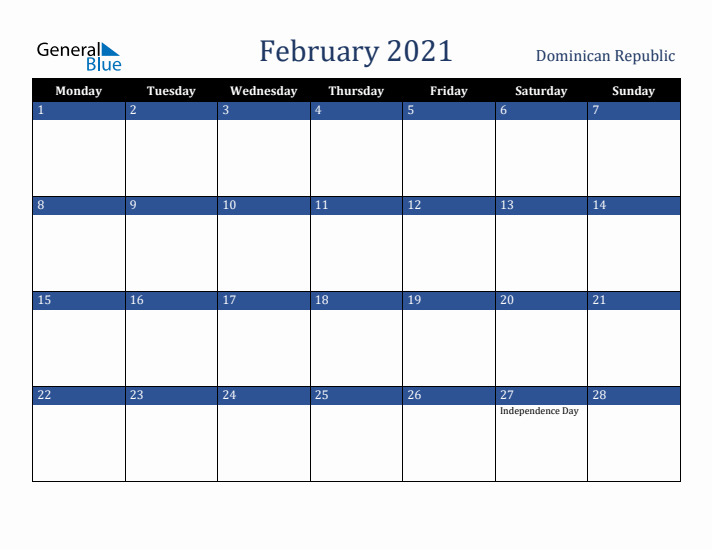 February 2021 Dominican Republic Calendar (Monday Start)
