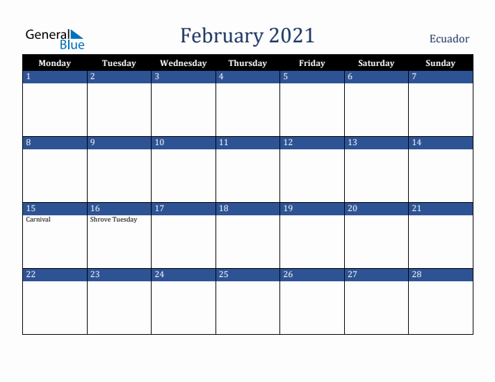 February 2021 Ecuador Calendar (Monday Start)