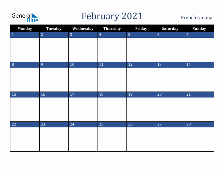February 2021 French Guiana Calendar (Monday Start)