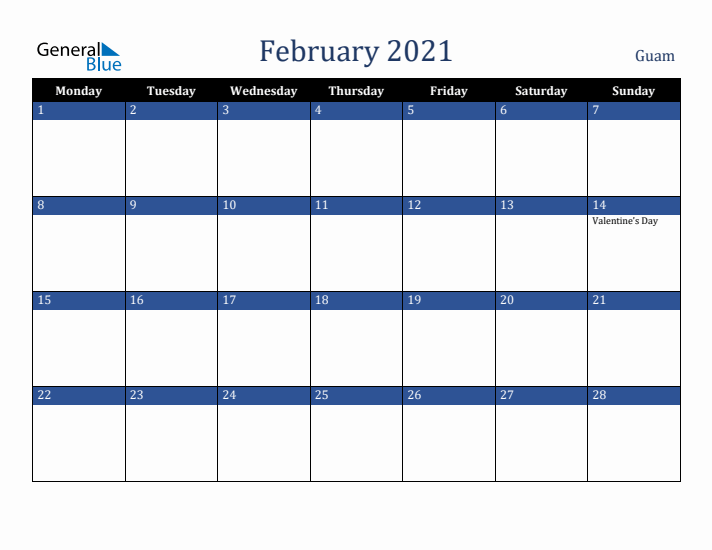 February 2021 Guam Calendar (Monday Start)