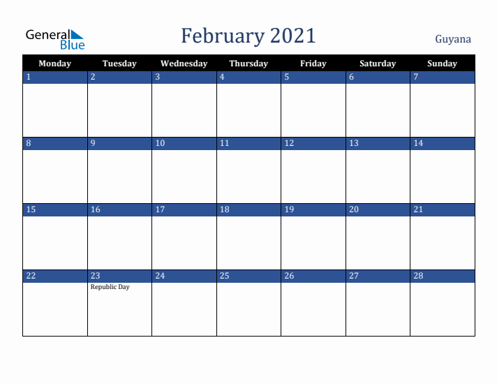 February 2021 Guyana Calendar (Monday Start)