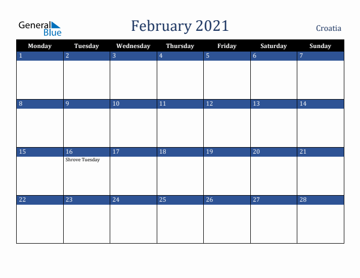 February 2021 Croatia Calendar (Monday Start)