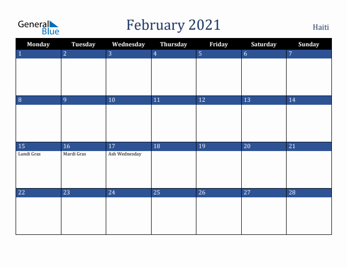 February 2021 Haiti Calendar (Monday Start)