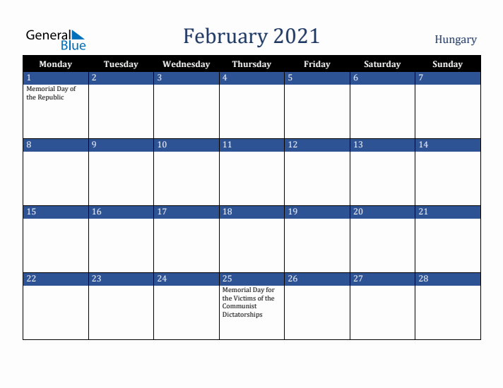 February 2021 Hungary Calendar (Monday Start)