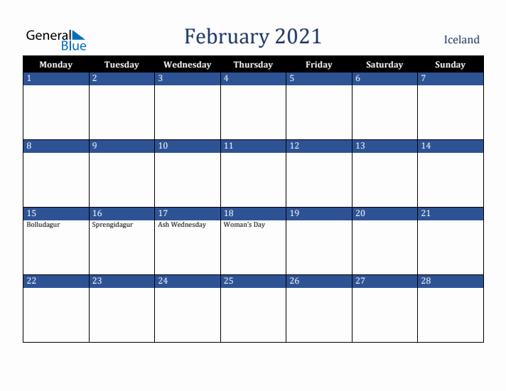 February 2021 Iceland Calendar (Monday Start)