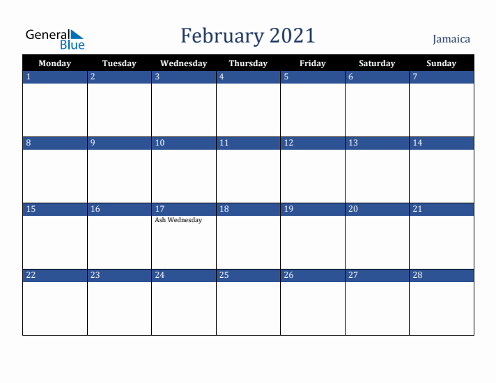 February 2021 Jamaica Calendar (Monday Start)