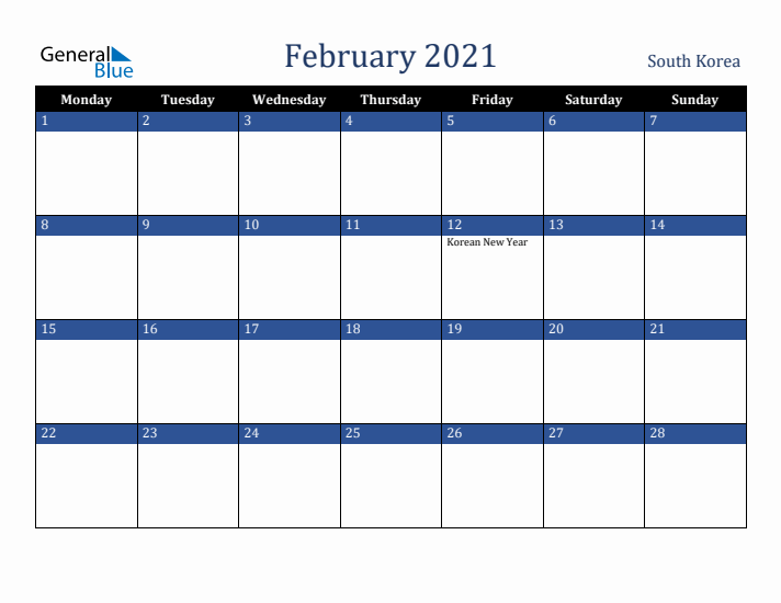 February 2021 South Korea Calendar (Monday Start)